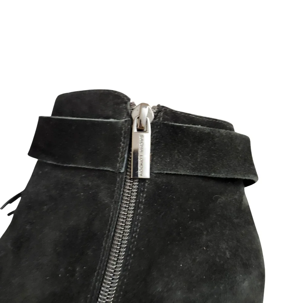 Sacha London Black Suede Tie Fringe Heeled Ankle Boots Side Zip‎ Women Sz 9